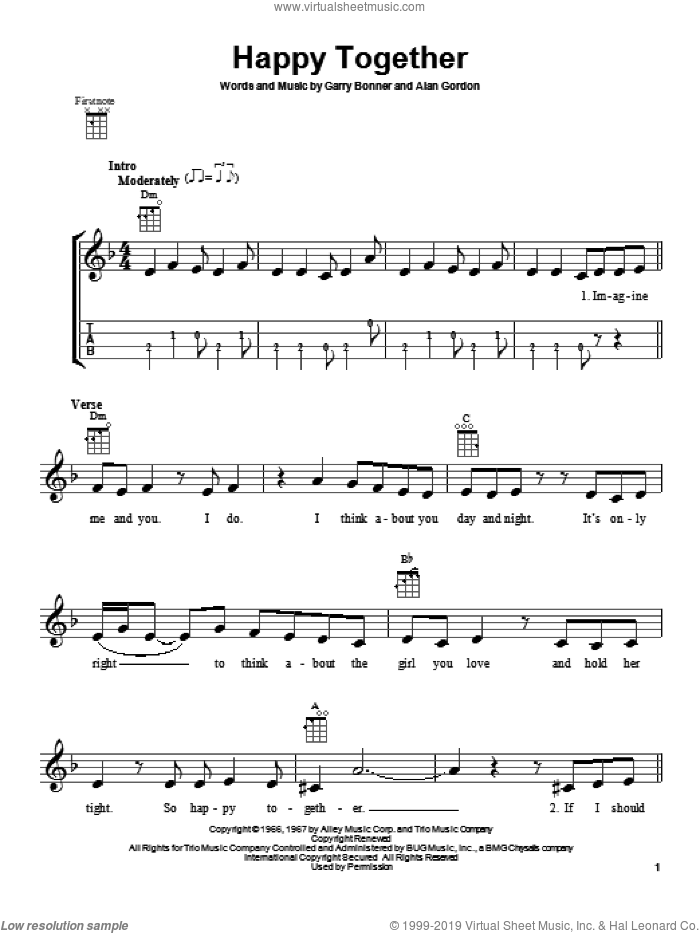 Happy Together sheet music for ukulele by The Turtles, Alan Gordon and Garry Bonner, intermediate skill level