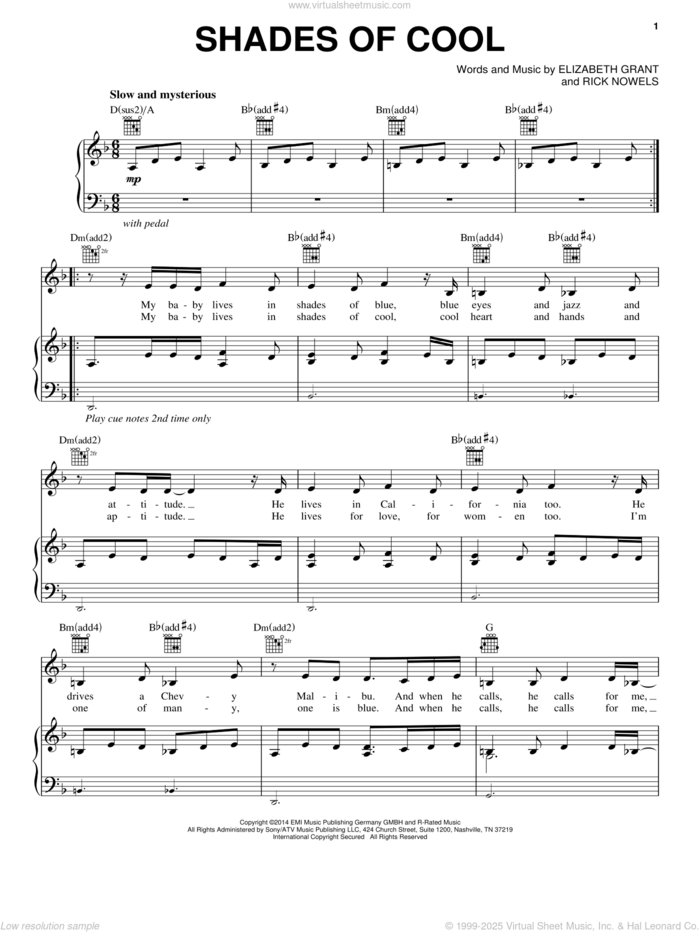 Shades Of Cool sheet music for voice, piano or guitar by Lana Del Rey, Elizabeth Grant and Rick Nowels, intermediate skill level