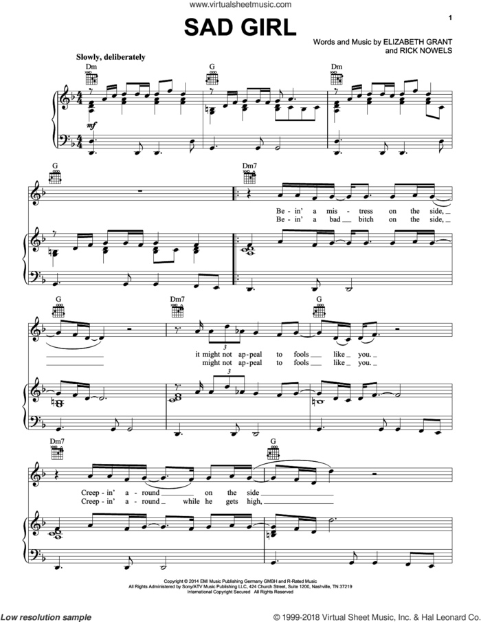 Sad Girl sheet music for voice, piano or guitar by Lana Del Rey, Elizabeth Grant and Rick Nowels, intermediate skill level