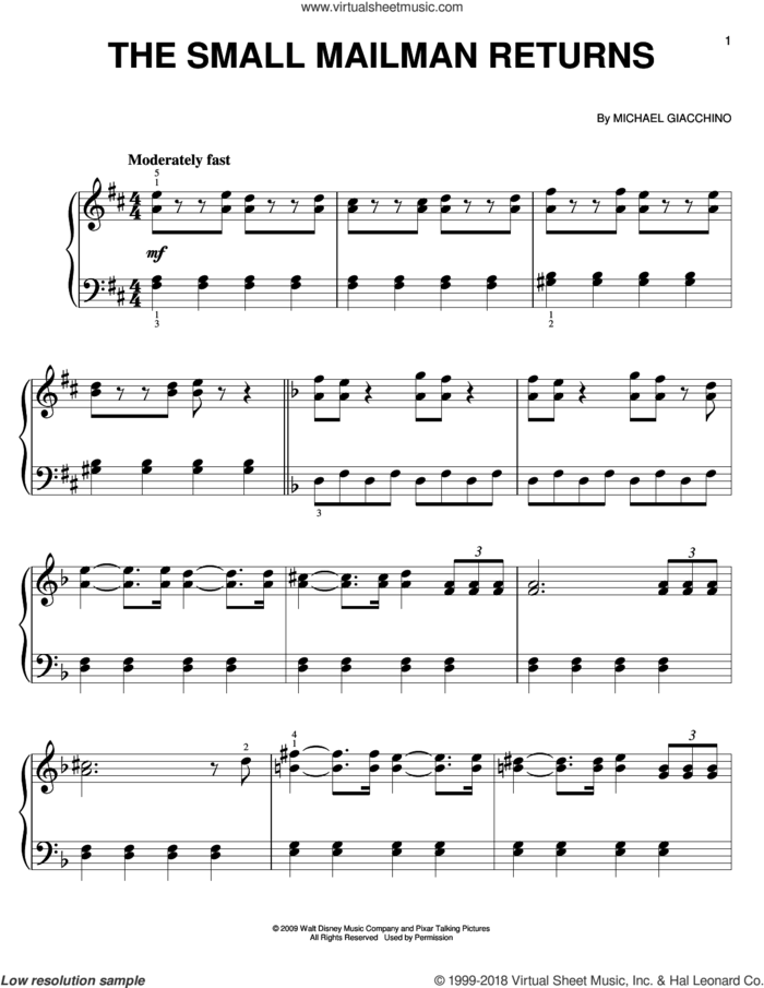 The Small Mailman Returns sheet music for piano solo by Michael Giacchino, easy skill level