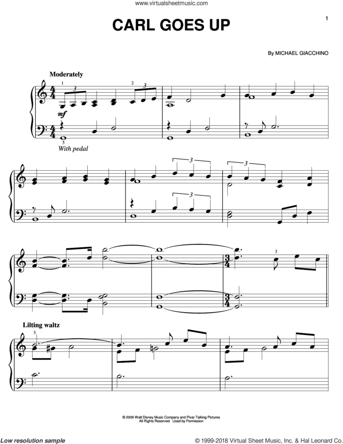 Carl Goes Up, (easy) sheet music for piano solo by Michael Giacchino, easy skill level