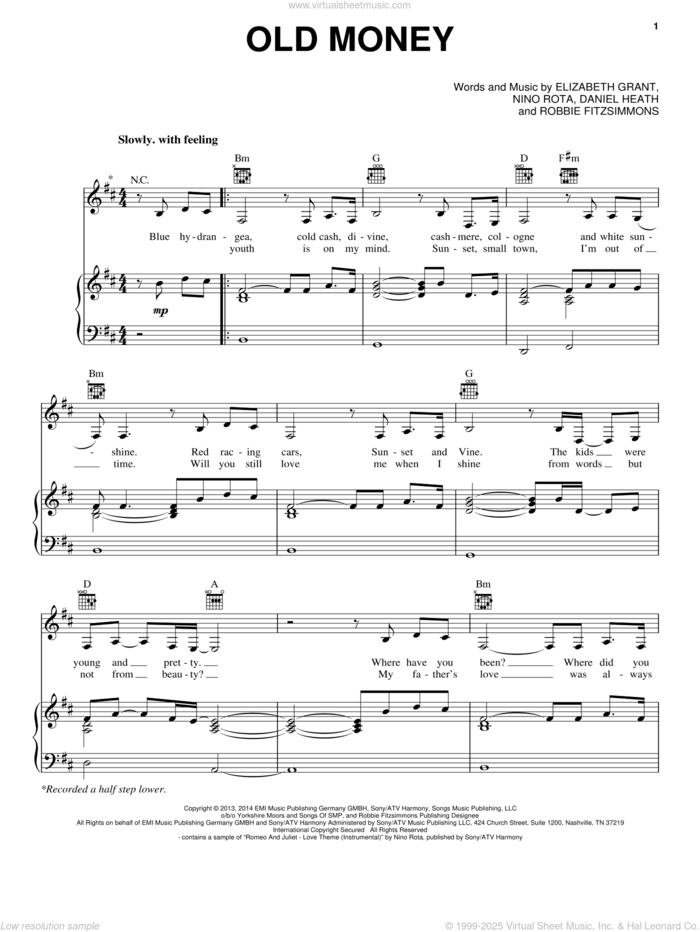 Old Money sheet music for voice, piano or guitar by Lana Del Rey, Daniel Heath, Elizabeth Grant, Nino Rota and Robbie Fitzsimmons, intermediate skill level