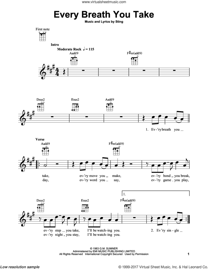 Every Breath You Take sheet music for ukulele by The Police and Sting, intermediate skill level