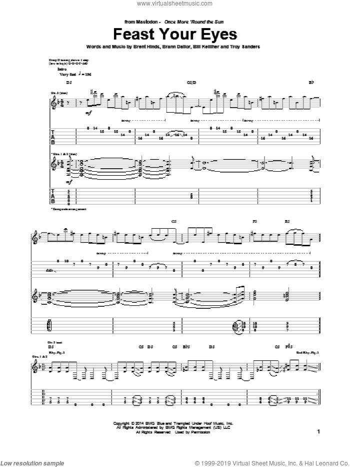 Feast Your Eyes sheet music for guitar (tablature) by Mastodon, Bill Kelliher, Brann Dailor, Brent Hinds and Troy Sanders, intermediate skill level