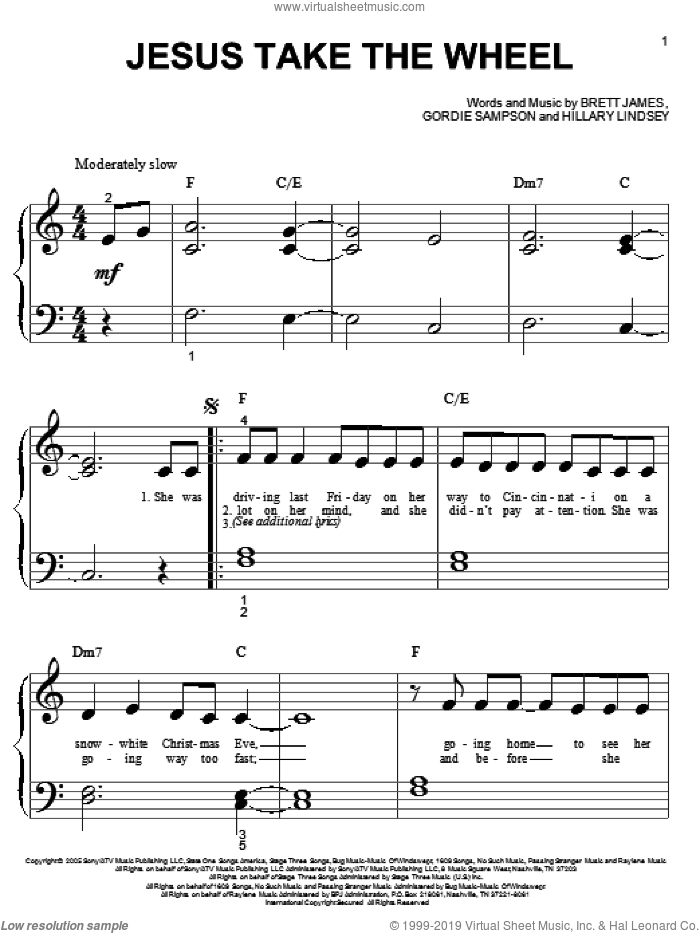 Jesus Take The Wheel sheet music for piano solo (big note book) by Carrie Underwood, American Idol, Brett James, Gordie Sampson and Hillary Lindsey, easy piano (big note book)