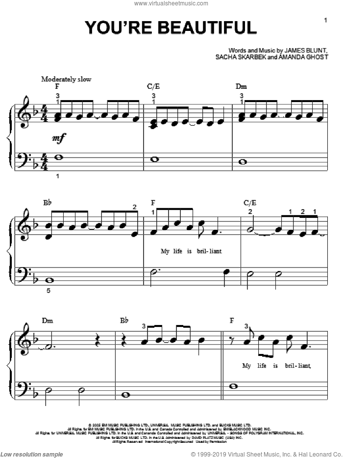 You're Beautiful sheet music for piano solo (big note book) by James Blunt, Amanda Ghost and Sacha Skarbek, easy piano (big note book)