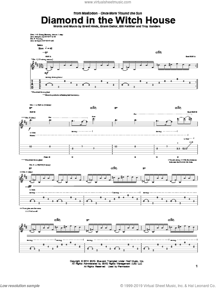 Diamond In The Witch House sheet music for guitar (tablature) by Mastodon, Bill Kelliher, Brann Dailor, Brent Hinds and Troy Sanders, intermediate skill level