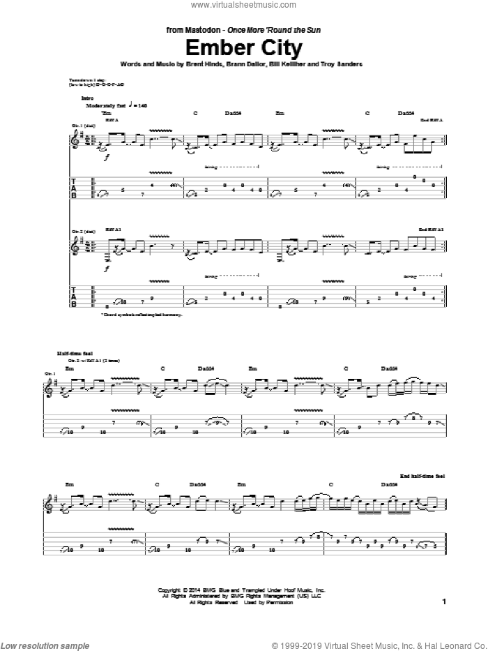 Ember City sheet music for guitar (tablature) by Mastodon, Bill Kelliher, Brann Dailor, Brent Hinds and Troy Sanders, intermediate skill level