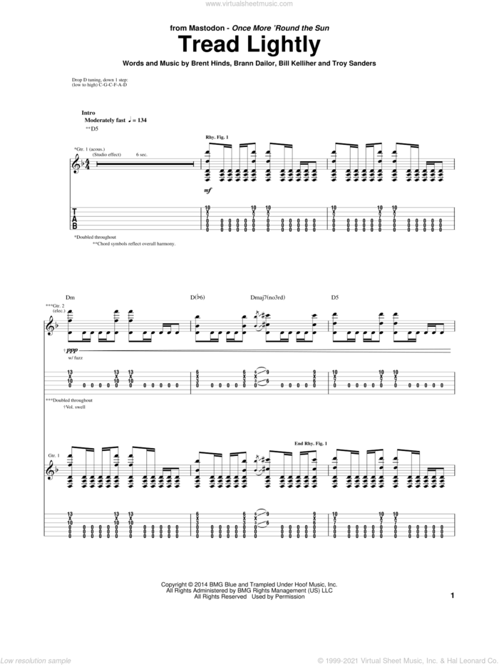 Tread Lightly sheet music for guitar (tablature) by Mastodon, Bill Kelliher, Brann Dailor, Brent Hinds and Troy Sanders, intermediate skill level