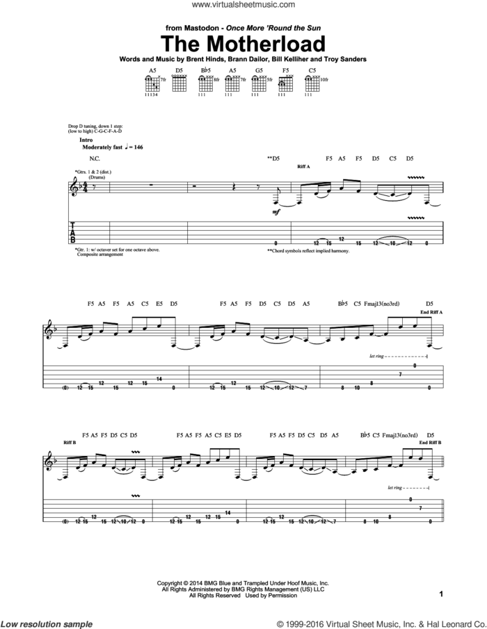 The Motherload sheet music for guitar (tablature) by Mastodon, Bill Kelliher, Brann Dailor, Brent Hinds and Troy Sanders, intermediate skill level