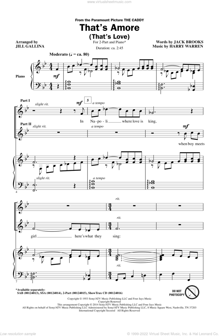 That's Amore (That's Love) (arr. Jill Gallina) sheet music for choir (2-Part) by Harry Warren, Jill Gallina, Dean Martin and Jack Brooks, intermediate duet