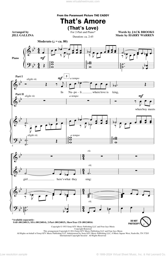 That's Amore (That's Love) (arr. Jill Gallina) sheet music for choir (2-Part) by Harry Warren, Jill Gallina, Dean Martin and Jack Brooks, intermediate duet