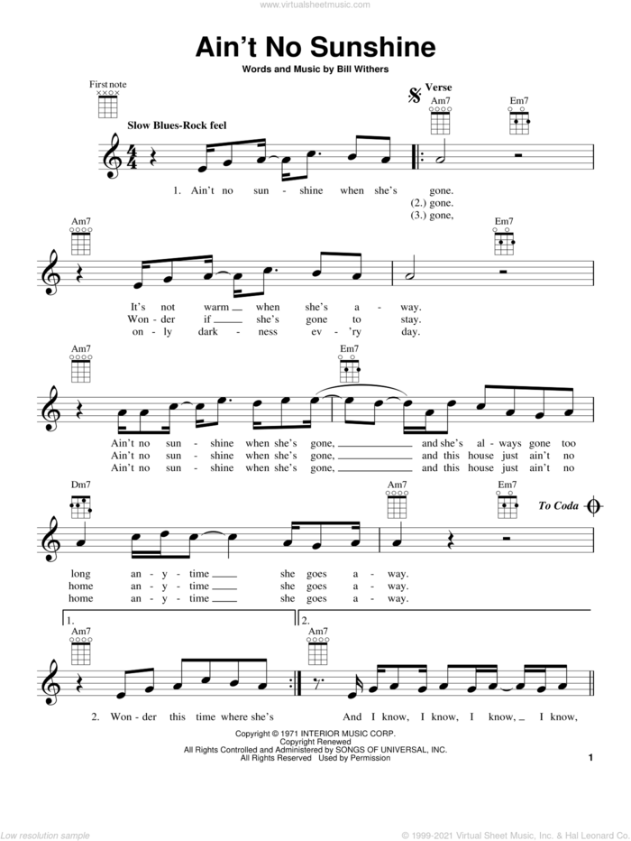 Ain't No Sunshine sheet music for ukulele by Bill Withers and Kris Allen, intermediate skill level