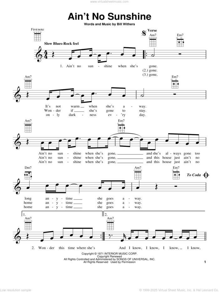 Ain't No Sunshine sheet music for ukulele by Bill Withers and Kris Allen, intermediate skill level