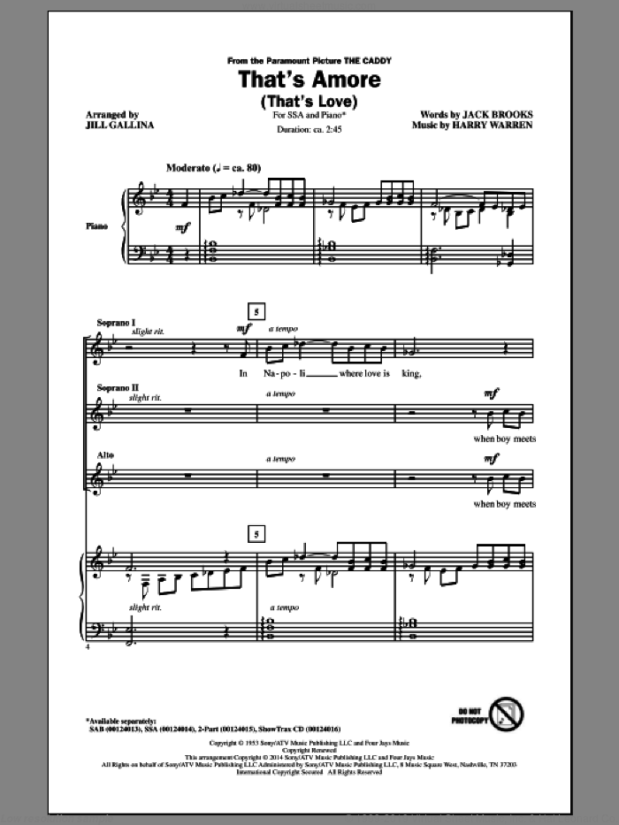 That's Amore (That's Love) (arr. Jill Gallina) sheet music for choir (SSA: soprano, alto) by Harry Warren, Jill Gallina, Dean Martin and Jack Brooks, intermediate skill level