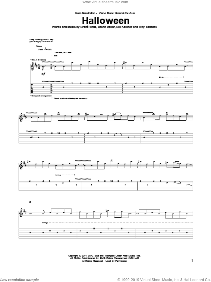 Halloween sheet music for guitar (tablature) by Mastodon, Bill Kelliher, Brann Dailor, Brent Hinds and Troy Sanders, intermediate skill level