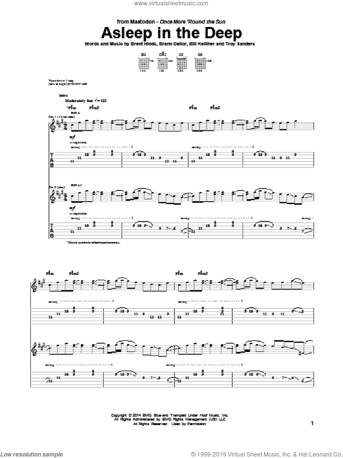 Asleep In The Deep sheet music for guitar (tablature) by Mastodon, Bill Kelliher, Brann Dailor, Brent Hinds and Troy Sanders, intermediate skill level