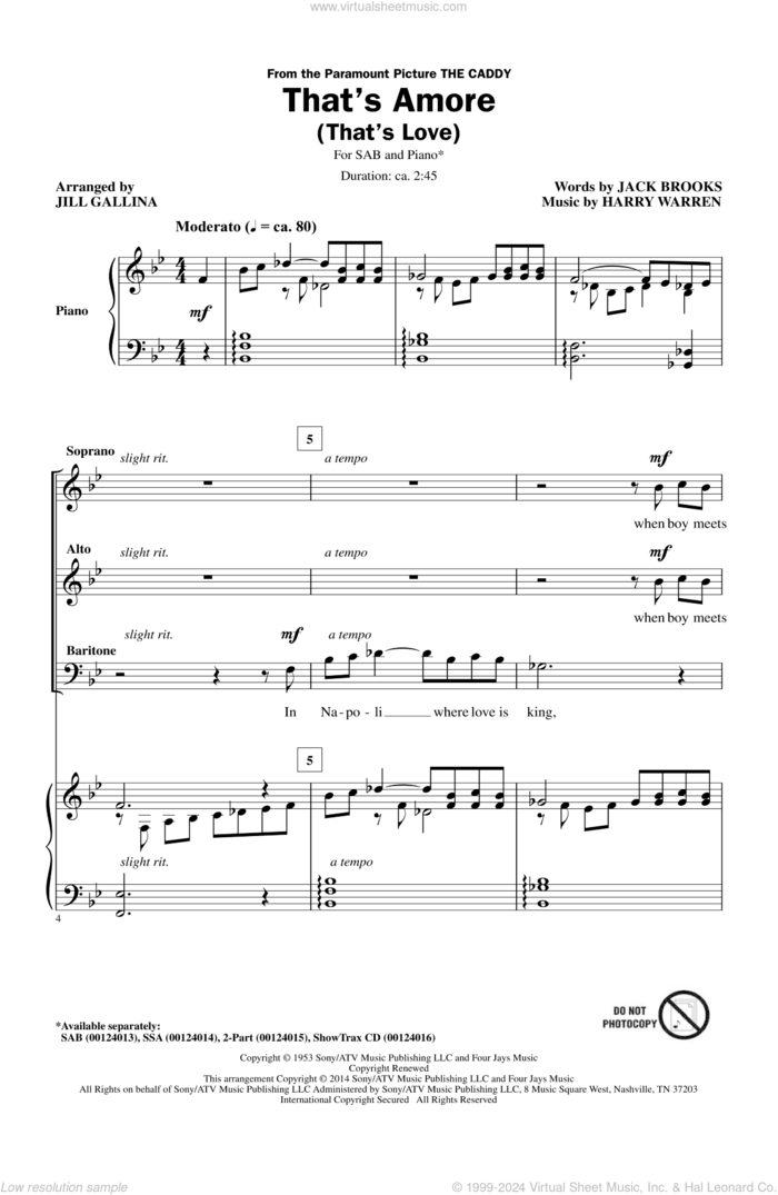 That's Amore (That's Love) (arr. Jill Gallina) sheet music for choir (SAB: soprano, alto, bass) by Harry Warren, Jill Gallina, Dean Martin and Jack Brooks, intermediate skill level