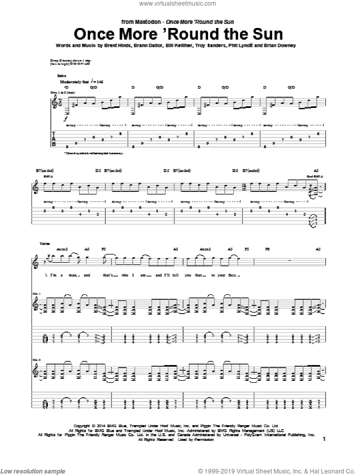 Once More 'Round The Sun sheet music for guitar (tablature) by Mastodon, Bill Kelliher, Brann Dailor, Brent Hinds, Brian Downey, Phil Lynott and Troy Sanders, intermediate skill level