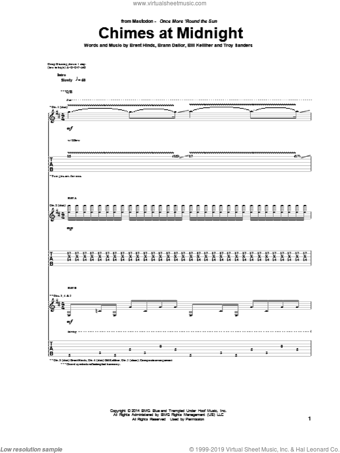 Chimes At Midnight sheet music for guitar (tablature) by Mastodon, Bill Kelliher, Brann Dailor, Brent Hinds and Troy Sanders, intermediate skill level