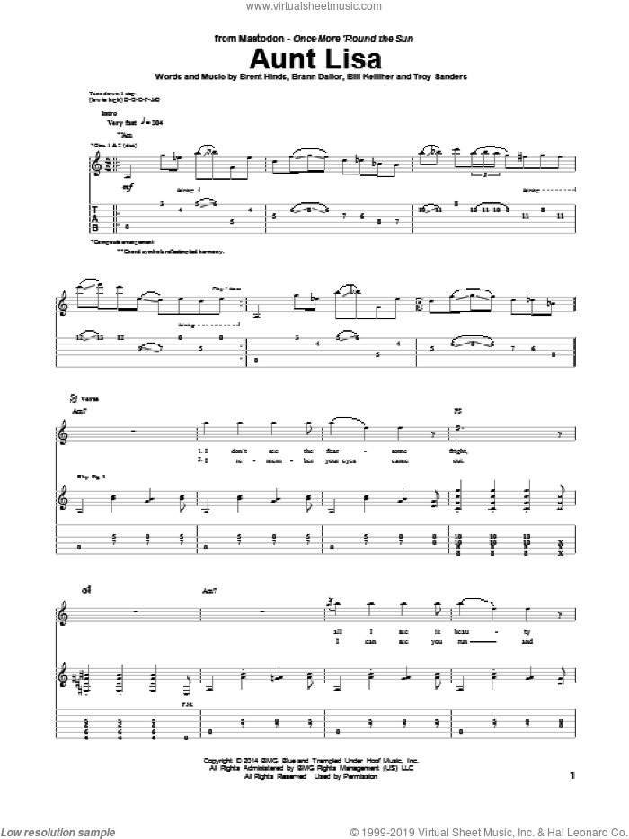 Aunt Lisa sheet music for guitar (tablature) by Mastodon, Bill Kelliher, Brann Dailor, Brent Hinds and Troy Sanders, intermediate skill level
