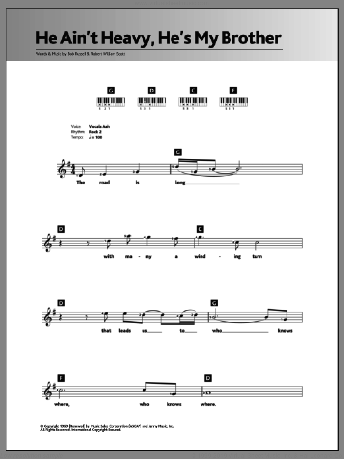 He Ain't Heavy, He's My Brother sheet music for piano solo (chords, lyrics, melody) by The Hollies, Bob Russell and Bobby Scott, intermediate piano (chords, lyrics, melody)