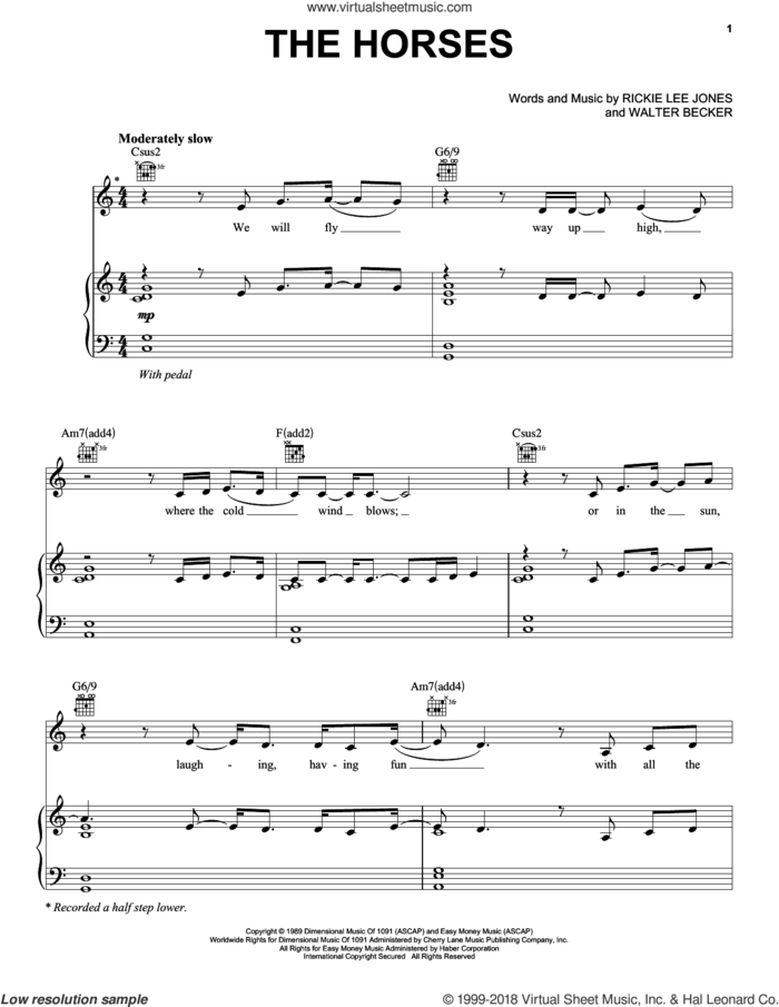 The Horses sheet music for voice, piano or guitar by Rickie Lee Jones and Walter Becker, intermediate skill level