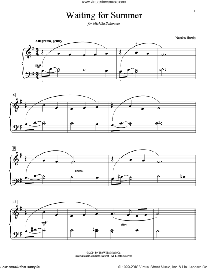 Waiting For Summer sheet music for piano solo (elementary) by Naoko Ikeda, beginner piano (elementary)