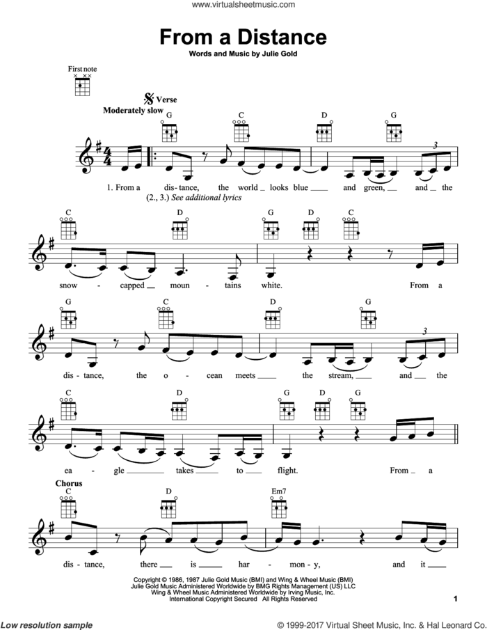 From A Distance sheet music for ukulele by Bette Midler and Julie Gold, intermediate skill level