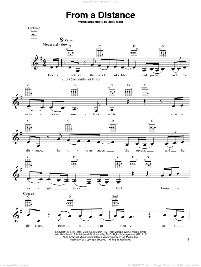 From A Distance sheet music for ukulele by Bette Midler and Julie Gold, intermediate skill level