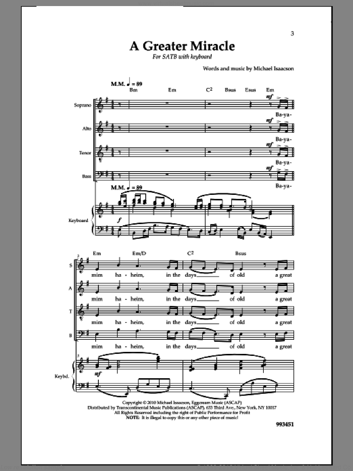 A Greater Miracle sheet music for choir (SATB: soprano, alto, tenor, bass) by Michael Isaacson, intermediate skill level