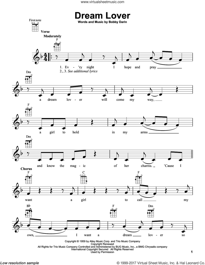 Dream Lover sheet music for ukulele by Bobby Darin and Manhattan Transfer, intermediate skill level
