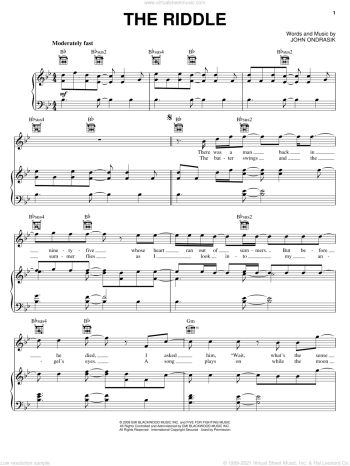 The Riddle sheet music for voice, piano or guitar by Five For Fighting and John Ondrasik, intermediate skill level