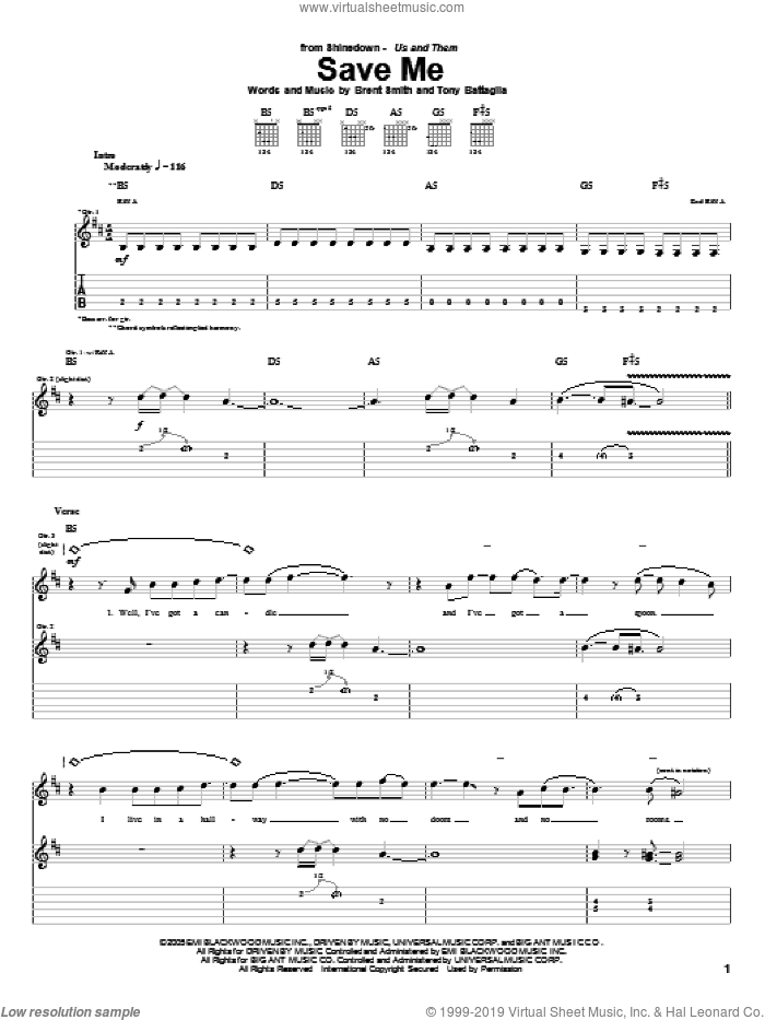Save Me sheet music for guitar (tablature) by Shinedown, Brent Smith and Tony Battaglia, intermediate skill level