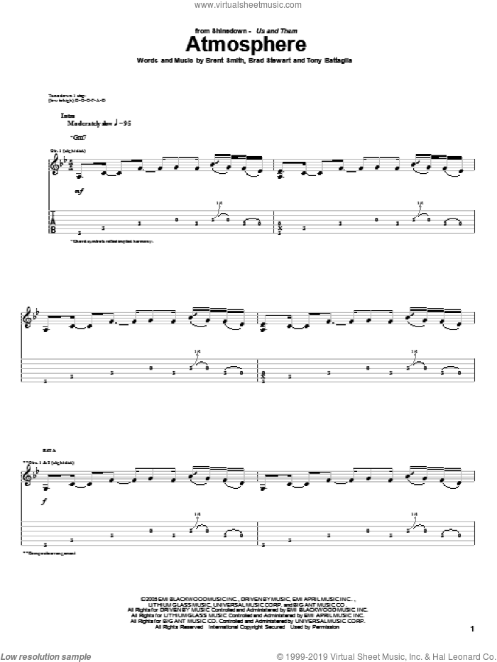 Atmosphere sheet music for guitar (tablature) by Shinedown, Brad Stewart, Brent Smith and Tony Battaglia, intermediate skill level