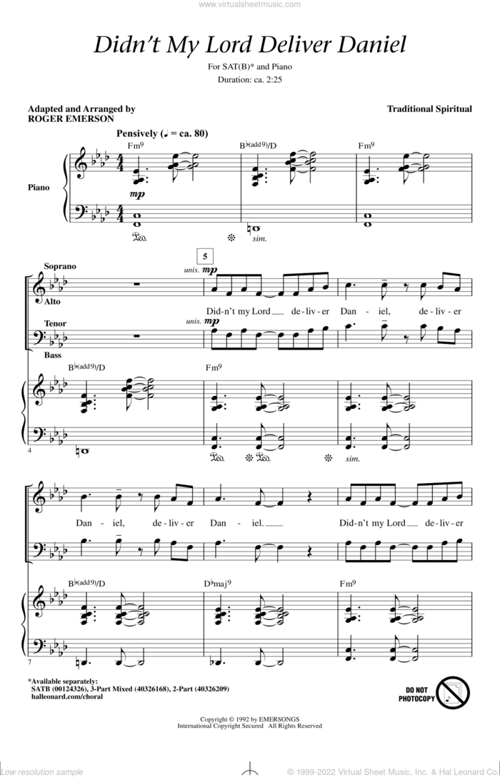 Didn't My Lord Deliver Daniel sheet music for choir (SATB: soprano, alto, tenor, bass) by Roger Emerson, intermediate skill level