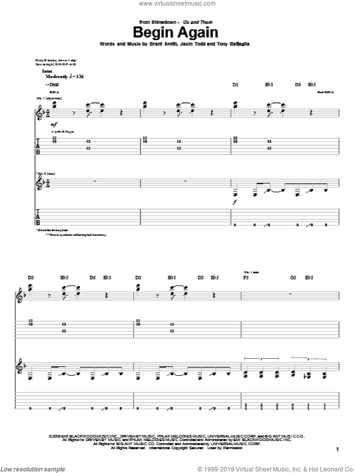 Begin Again sheet music for guitar (tablature) by Shinedown, Brent Smith, Jasin Todd and Tony Battaglia, intermediate skill level