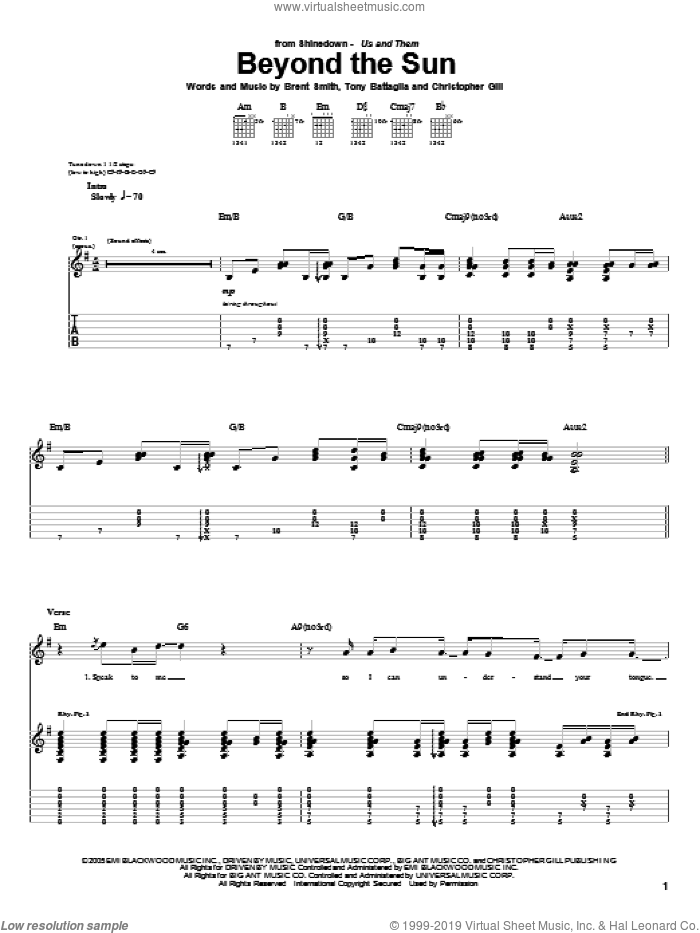 Beyond The Sun sheet music for guitar (tablature) by Shinedown, Brent Smith, Christopher Gill and Tony Battaglia, intermediate skill level