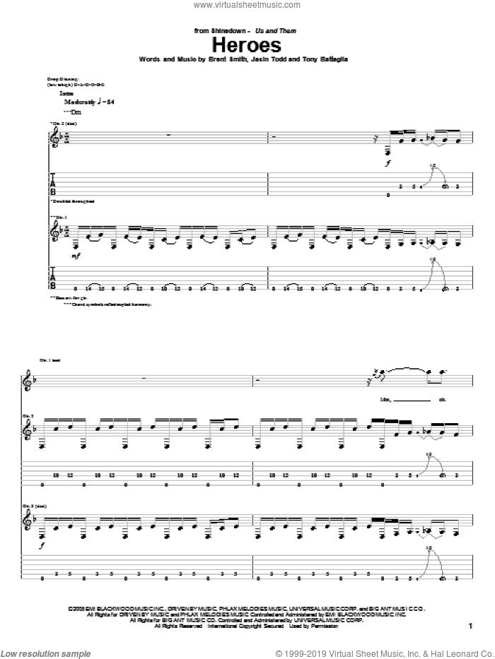 Heroes sheet music for guitar (tablature) by Shinedown, Brent Smith, Jasin Todd and Tony Battaglia, intermediate skill level