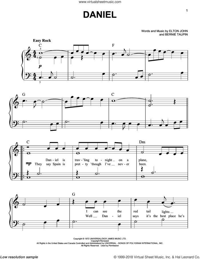 Daniel, (easy) sheet music for piano solo by Elton John, Adam Perlmutter and Bernie Taupin, easy skill level