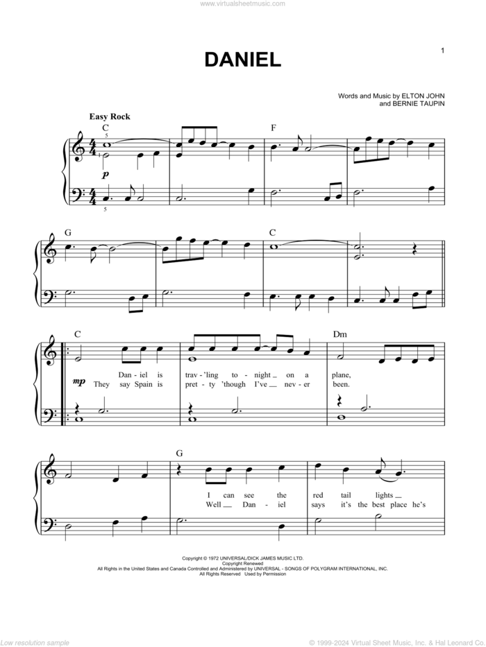 Daniel, (easy) sheet music for piano solo by Elton John, Adam Perlmutter and Bernie Taupin, easy skill level