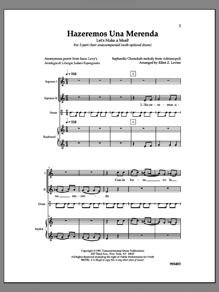Hazeremos Una Merenda sheet music for choir (2-Part) by Elliot Z. Levine, intermediate duet