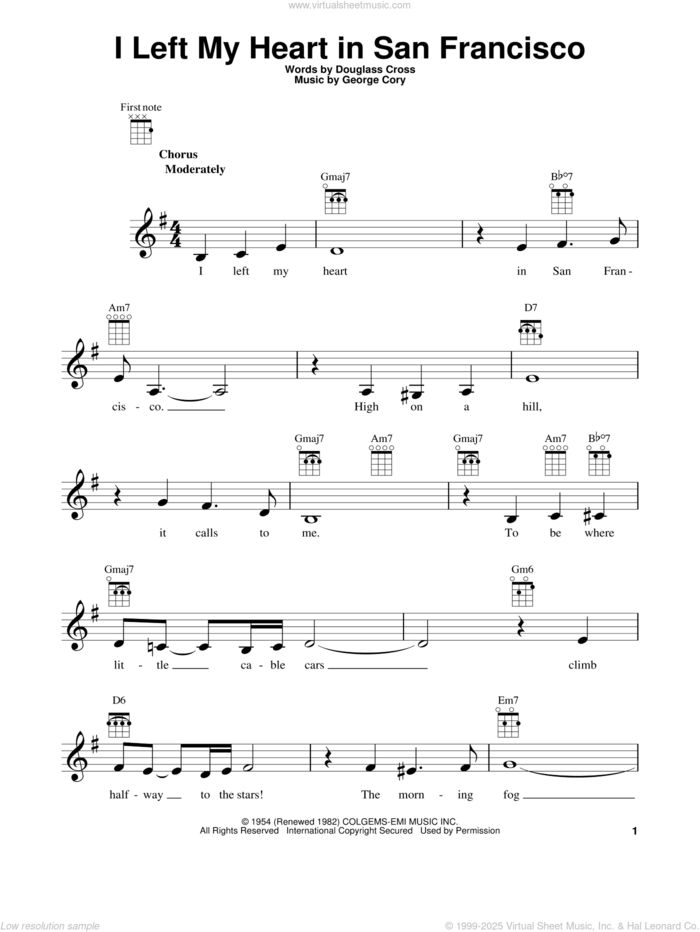 I Left My Heart In San Francisco sheet music for ukulele by Tony Bennett, Douglass Cross and George Cory, intermediate skill level