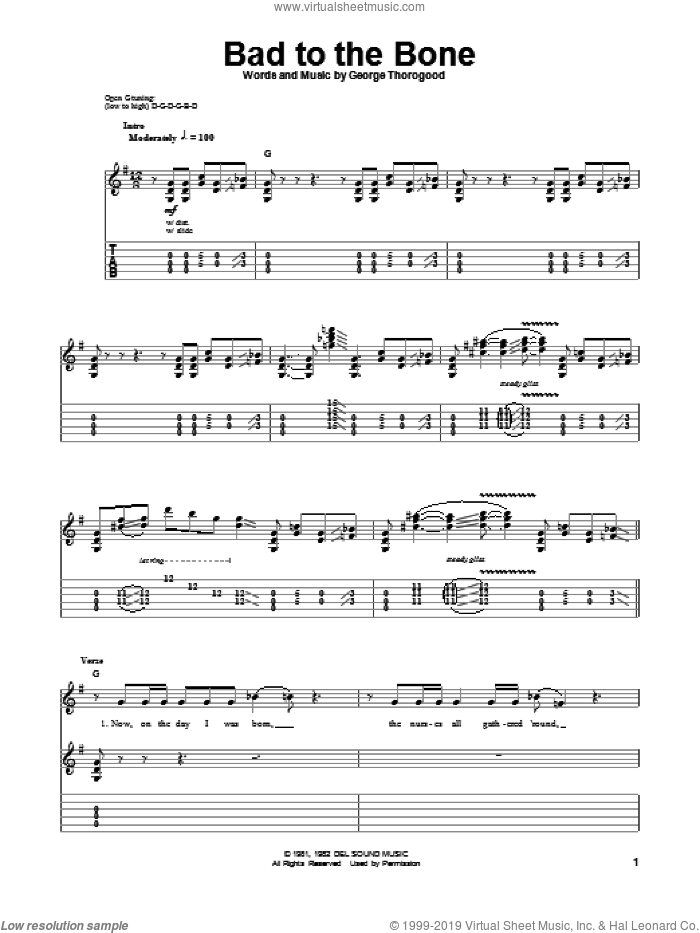 Bad To The Bone sheet music for guitar (tablature, play-along) by George Thorogood, intermediate skill level