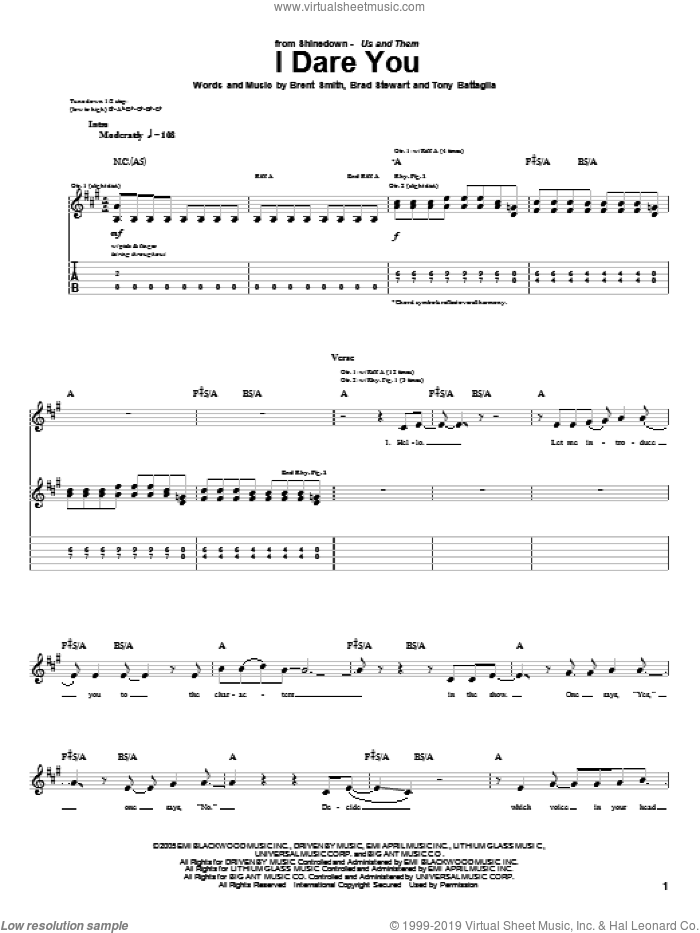 I Dare You sheet music for guitar (tablature) by Shinedown, Brad Stewart, Brent Smith and Tony Battaglia, intermediate skill level