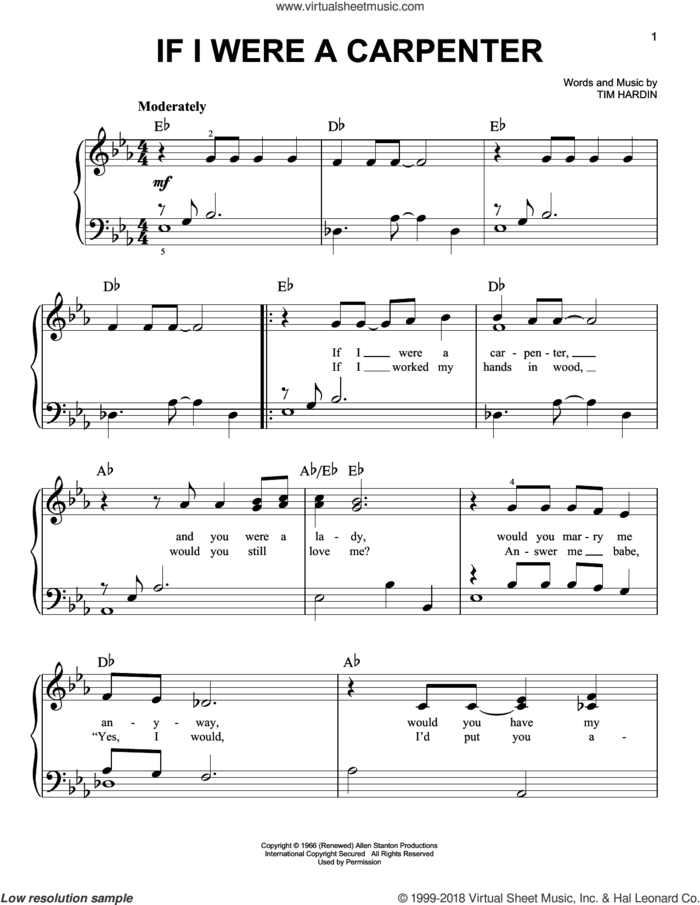 If I Were A Carpenter sheet music for piano solo by Bobby Darin, Adam Perlmutter, Johnny Cash & June Carter and Tim Hardin, easy skill level