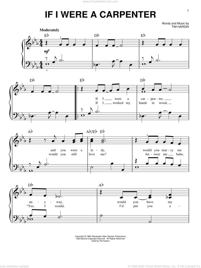 If I Were A Carpenter sheet music for piano solo by Bobby Darin, Adam Perlmutter, Johnny Cash & June Carter and Tim Hardin, easy skill level