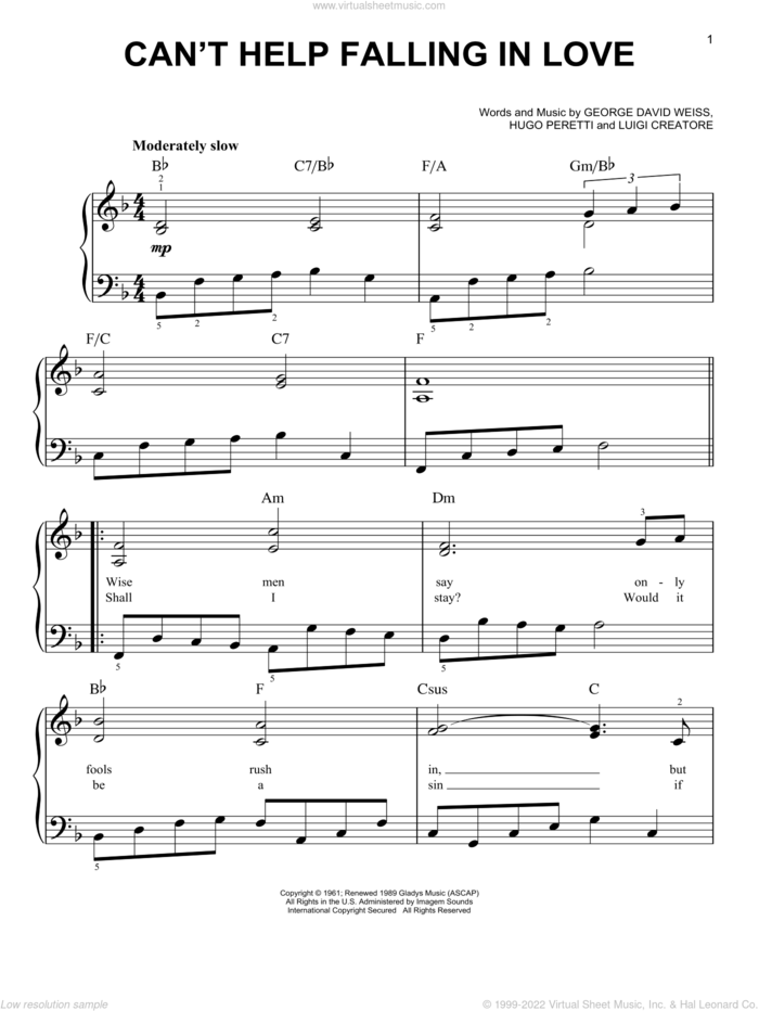 Can't Help Falling In Love sheet music for piano solo by Elvis Presley, UB40, George David Weiss, Hugo Peretti and Luigi Creatore, wedding score, easy skill level