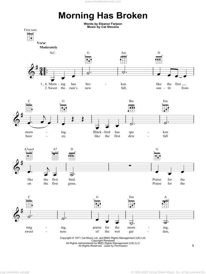 Morning Has Broken sheet music for ukulele by Cat Stevens and Eleanor Farjeon, intermediate skill level