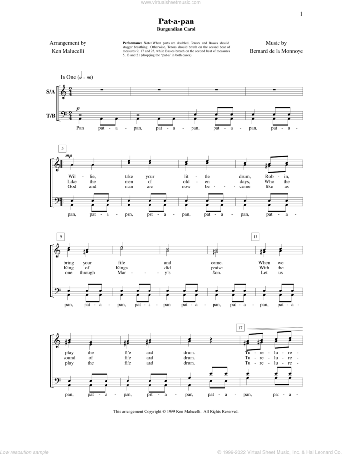 Pat-a-Pan sheet music for choir (SATB: soprano, alto, tenor, bass) by Bernard de la Monnoye, Anne Raugh and Ken Malucelli, intermediate skill level
